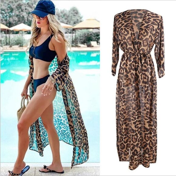 NEW Cover Up Animal Print Leopard Swim Tie Waist Kimono Duster Beach Sheer Flowy - Picture 1 of 10